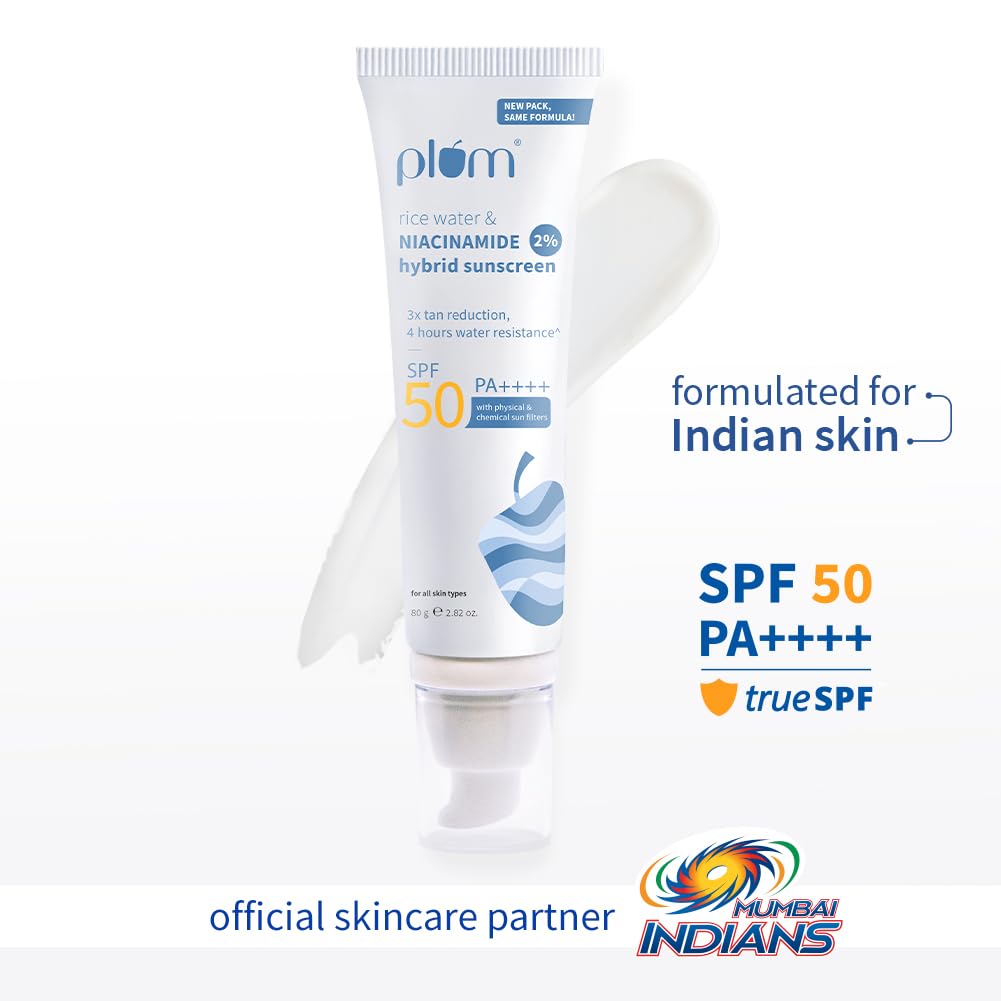 plum 2% niacinamide sunscreen spf 50 pa+++ with rice water | 4 hrs water resistance | 3x tan reduction & brightens | no white cast, lightweight, non sticky plum 2% niacinamide sunscreen spf 50 pa+++ with rice water | 4 hrs water resistance | 3x tan reduction & brightens | no white cast, lightweight, non sticky