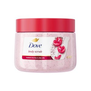 dove cherry & chia milk body scrub exfoliates and deeply nourishes for smooth, radiant skin 15 oz